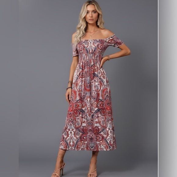 Boho Paisley Off Shoulder Split Thigh Dress - Picture 1 of 6